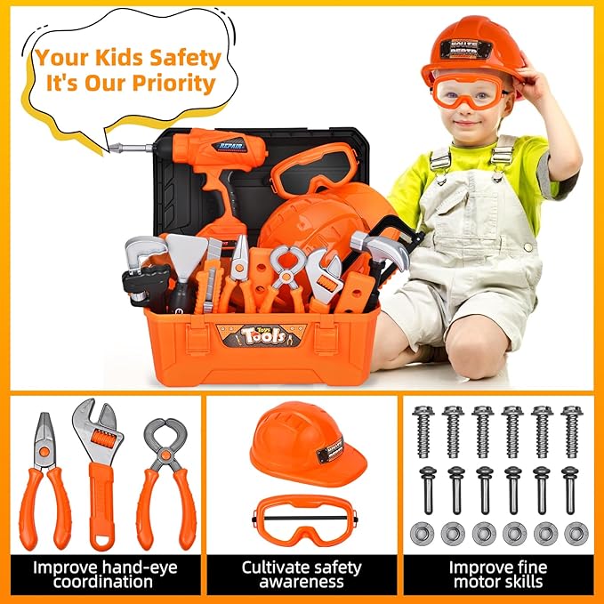 ‌Realistic Kids Drill Tool Set with 48PCS Tools & Sound Effects, Portable Construction Toy for Toddlers Ages 3+ with Safety Gear, STEM Learning Pretend Play for Family Bonding Activities