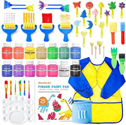 Shuttle Art Washable Finger Paint Set, 53 PCS with 14 Colors (2 fl oz), Paint Brushes, Sponge, Palette, Non-Toxic Finger Painting for Toddlers
