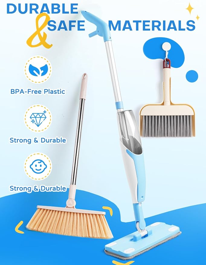 Kids Cleaning Toy Set,Blue Spray Mop Montessori Toys-Kids Cleaning Toy Set,Mini Spray Mop Montessori Toys Spray Mop & Kids Broom Dustpan Set Cleaning Toys Gift for Toddlers Girls Boys Age 3+ - Image 7
