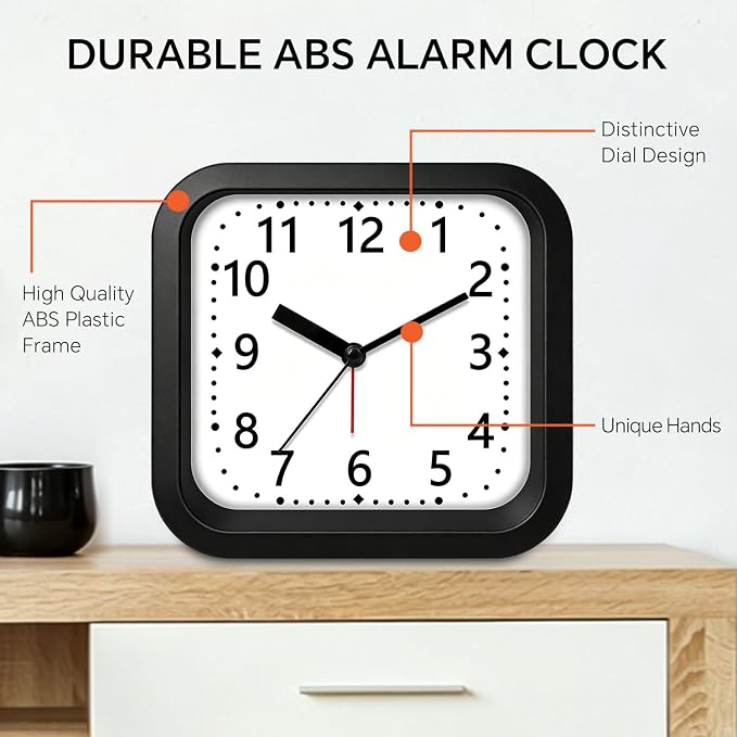Loud Alarm Clock for Heavy Sleepers, 4.5" Simple Square Analog Alarm Clocks with Silent Movement Battery Operated Easy-to-Read Dial, Plastic Small Desk Clock for Bedroom Teens Seniors, Black - Image 5