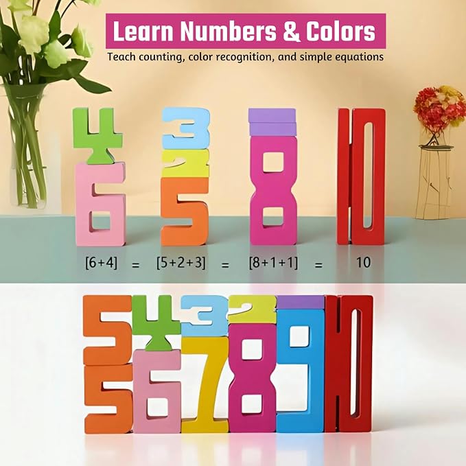 Gdaytao 20PCS Wooden Number Building Blocks 1-10 - Math Stackers Stacking Number Toys with Counting Games, Bright Digital Building Blocks Friends of 10, STEM Montessori Learning Toys for Kids Ages 3-8 - Image 3
