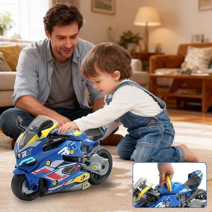 Take Apart Motorcycle Toys Kit, Motorcycle Model Toys for Kids Mechanic,Motorcycles Toy with Light, Sound & Spray for Toddlers 3+ Kids,Interactive Toy Engine Building Kit, Blue