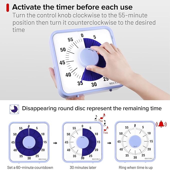 Secura 7.5 Inch Visual Timer, 60 Minute Oversize Visual Countdown Timer for Kids and Adults, Durable Mechanical Time Management Tool (Violet) - Image 5