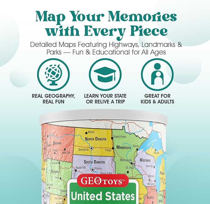 Geotoys United States Mini Puzzle - 100 Piece Puzzles for Kids and Adults in Portable Can, 13" x 10" Educational Travel Puzzle for Ages 7 and Up - Mini Puzzles to Learn & Explore Geography - Image 4