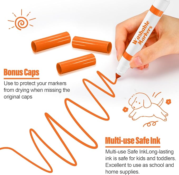Janlaugh 36 Pcs Orange Washable Markers Bulk Coloring Broad Line Markers for Kids Conical Tip Drawing Pen for Christmas, School Supplies, Travel Art Baby Shower Gender Reveal Party Supplies, Ages 6+