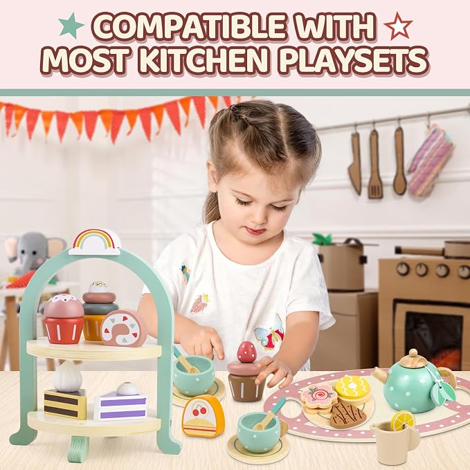 Wooden Cake Toys Tea Party Set Desserts Food Toy with Cupcake Stand - Image 5