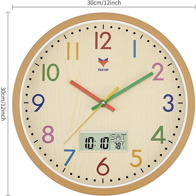 Foxtop Digital and Analog Kids Wall Clock 12 Inch Silent Non-Ticking Battery Operated Kids Clock for Kids Room Playroom Nursery Classroom School - Image 8