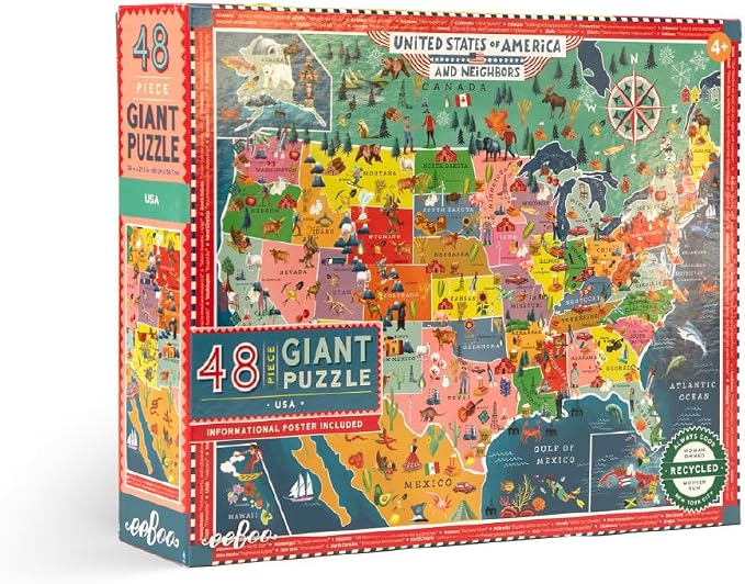 eeBoo USA MAP 48 Giant Piece Children's Puzzle, 26" x 21" by eeBoo