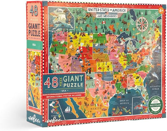 eeBoo USA MAP 48 Giant Piece Children's Puzzle, 26" x 21" by eeBoo
