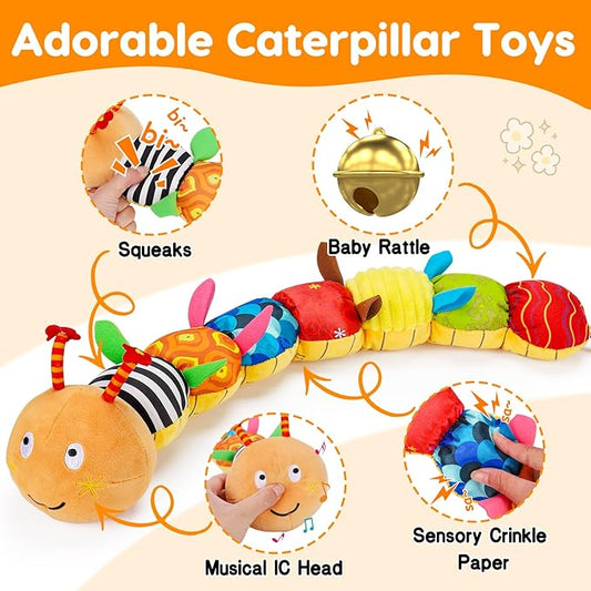 Baby Sensory Caterpillar Toys 0-3 Month Music Animal Stuffed Plush Toy for Infant 0-3-6-12 Month Tummy Time with Crinkle Rattle for Newborn 9-12 Month Toy for Boy Girl Birthday Shower Gifts Orange