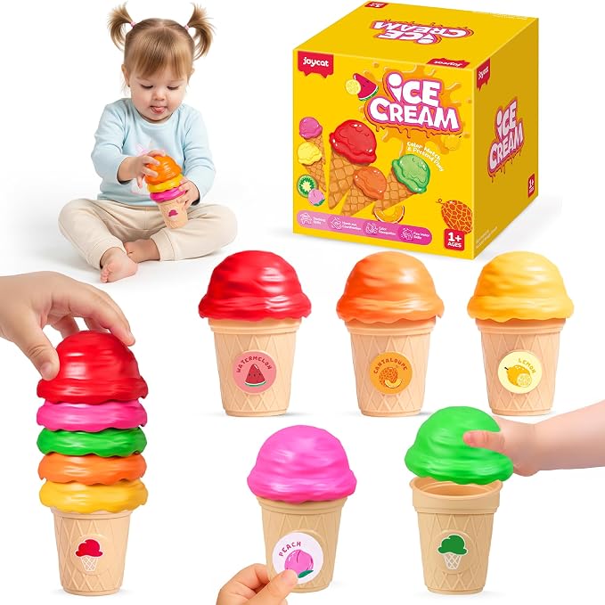 JoyCat Ice Cream Sorting and Stacking Pretend Play Toy Set, 5 Cones by JOYCAT