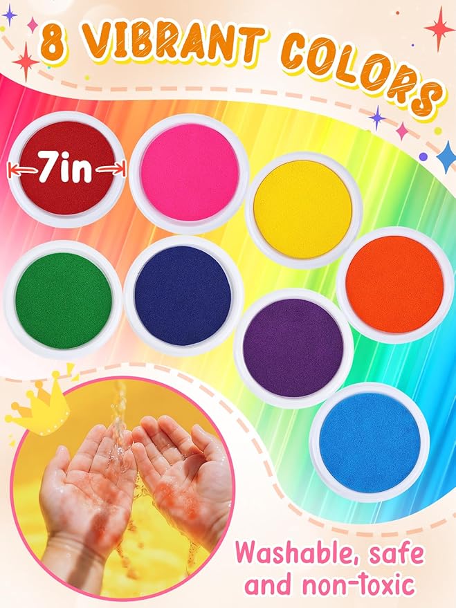 7'' Large Washable Ink Pad for Kids Handprint & Footprint - Safe & Non-Toxic Ink Pads for Stamps, Finger Paint Pads Preschool Classroom Must Haves, Toddlers Crafts, Birthday Gifts, 8 Colors