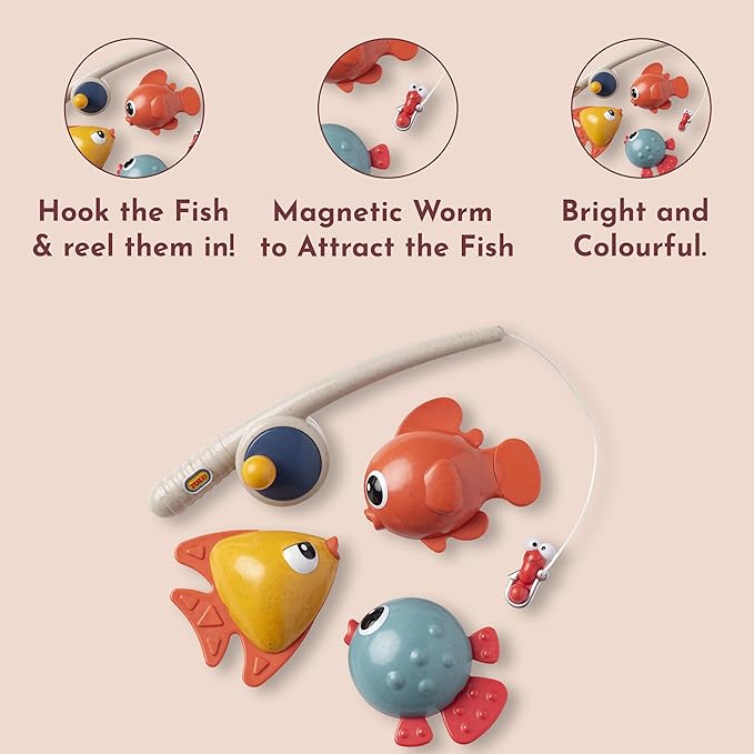 Tolo Bio Funtime Fishing Set | Eco-Friendly Bath Toy for Toddlers | Magnetic Fishing Rod, 3 Bubble-Blowing Fish, Worm | Skill-Building Water Play | Durable, Safe, Sustainable Material | Ages 18M Up