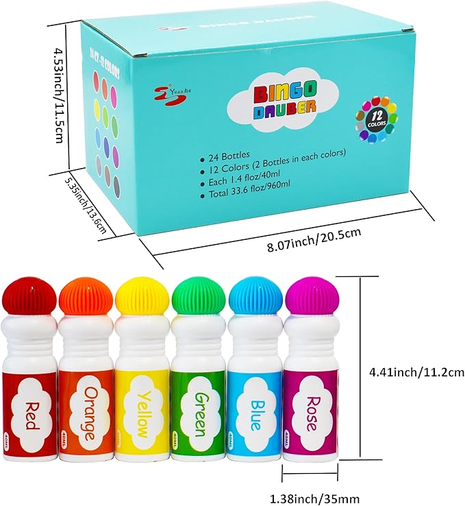 Yuanhe Bingo Daubers Dot Markers - Paint Dotters for Toddlers and Kids Art Supply, Set of 24 Pack (12 Colors)