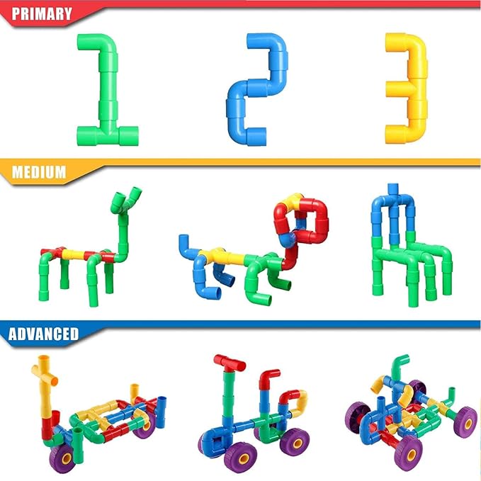 ZOZOPLAY STEM Learning Toy Tubular Pipes & Spouts & Joints 96 Piece Build Bicycle, Tank, Scootie, Moter Skills Endless Designs Educational Building Blocks Set for Kid Ages 3+ Multicolor