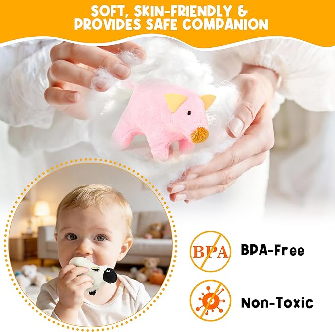 Baby Toys 6-12 Months - Montessori Sensory Farm Set - Soft Stuffed Animals with Rattle Squeak Safe Mirror - On-The-Go Toddler 1-3 Year Old Boy Girl Birthday Gifts (Orange)
