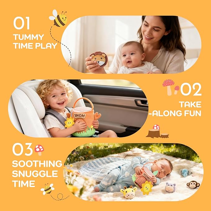 Baby Toys 6-12 Months - Tree Stump with 5 Stuffed Safari Animals, Soft Busy Montessori Toys with Rattle, Crinkle, Squeaker, Mirror, Sensory Toys for Toddlers 1-3, Christmas Birthday Gift