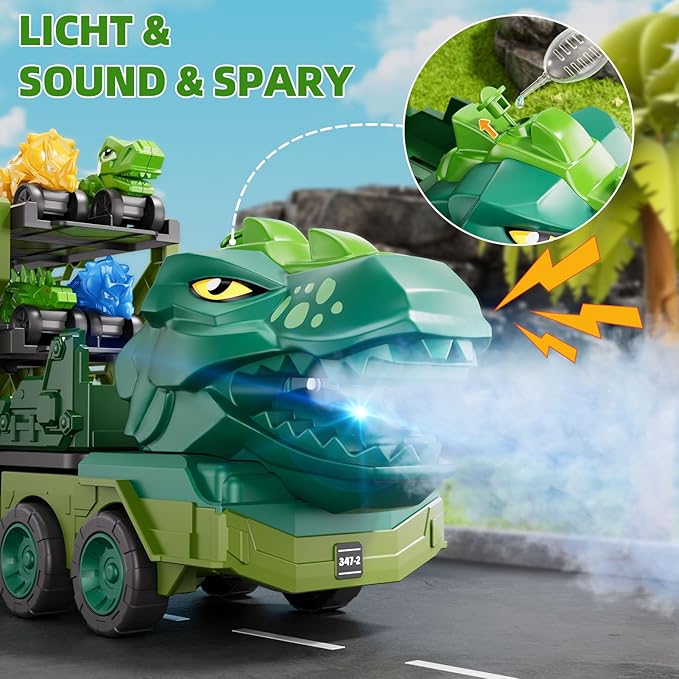 10 in 1 Dinosaur Truck Toys for Kids Toddlers Boys 3-5 4-8, Dino Carrier Truck with Foldable Track, Spray, Light & Sounds and 9 Dino Cars, Birthday Gifts for Kids Boys Girls 3 4 5 6 7 8 Year Old