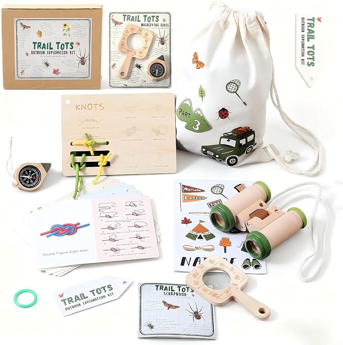 Kids Outdoor Explorer Kit Ages 4–8, Wooden Binoculars, Compass and Knot-Tying Board, Nature STEM Learning & Camping Toy Birthday Gift for Boys and Girls by WOODENTEETHER