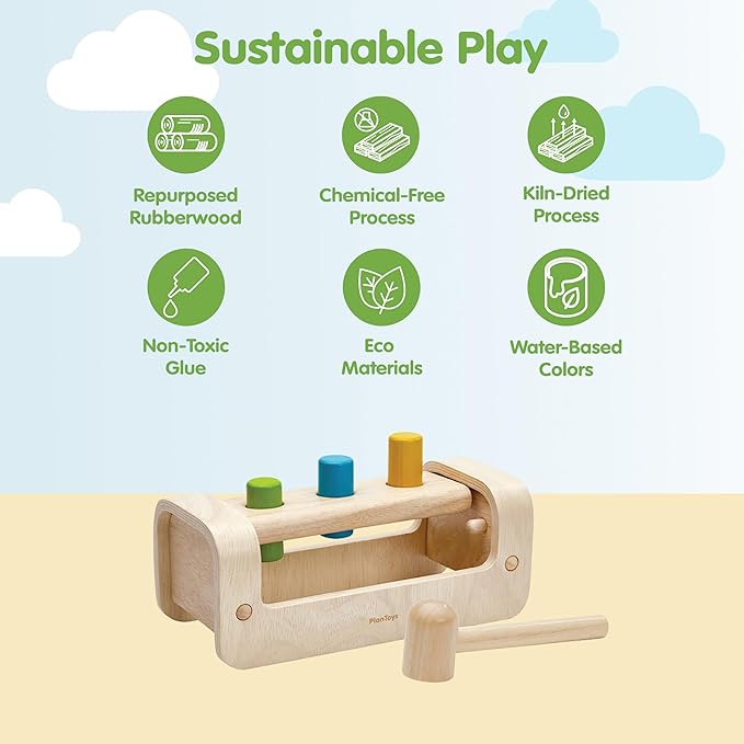 PlanToys® Pounding Bench Wooden Hammer Toy for Kids Ages 3+ | Montessori Fine Motor & Hand-Eye Coordination Activity for Focus & Strength | Eco-Friendly Educational Toy