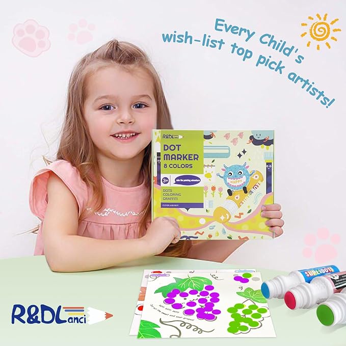 R&DLanci Washable Dot Markers for Toddlers, 8 Colors Dot Paints with 108 PDF & 12 Activity Papers,Non-Toxic Bingo Daubers for Toddlers 2-4, Non-Toxic Bingo Markers for Kids Arts and Crafts Gifts