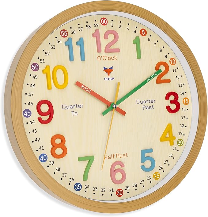 Foxtop Learning Clock for Kids - Telling Time Teaching Clock 12 Inch Silent Non-Ticking Battery Operated Kids Wall Clock for Kids Room Playroom Nursery Classroom School (3D Numerals) - Image 8
