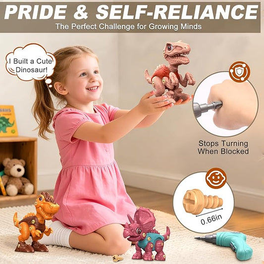 Laradola Dinosaur Toys for Kids Aged 3 4 5 6 7 8 Year Old, Kid Boys Girls, Take Apart STEM Construction Building with Electric Drill, Party Christmas Birthday Gifts Blush Pink RS009-2