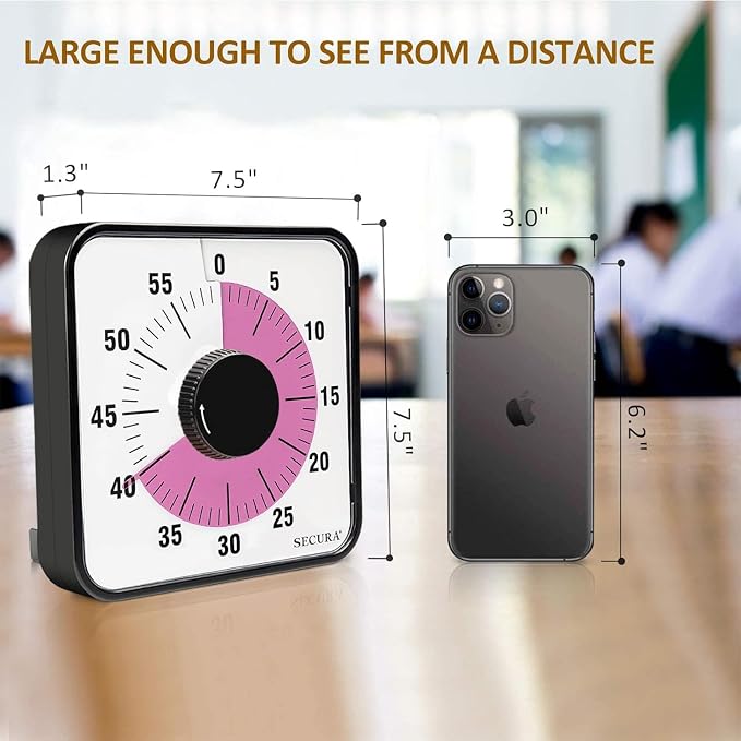 Secura 60-Minute Visual Countdown Timer, 7.5-Inch Oversize Classroom Visual Timer for Kids and Adults, Durable Mechanical Kitchen Timer Clock with Magnetic Backing (Peony Color) - Image 4