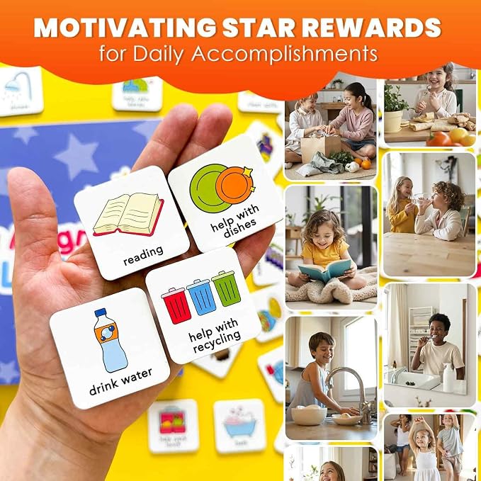 QUOKKA Magnetic Chore Chart for Kids with 72 Routine Magnets & Star Rewards - Foldable Visual Daily Responsibility Schedule and Behavior Chart for Kids - Help Kids Build Good Habits and Independence - Image 4