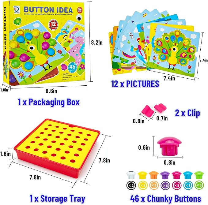 Button Art Pegboard for Toddlers - 12 Pics & 46 Buttons, Gift 3+ - Image 2