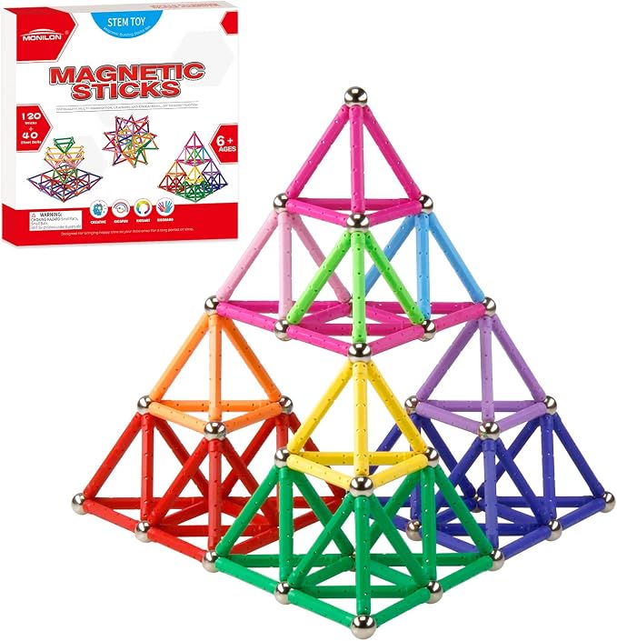 160 Pcs Magnet Building Sticks Kids Toys, Lengthen Magnetic Construction Building Blocks Set 3D Brain Training Learning Educational DIY STEM Toys by MONILON