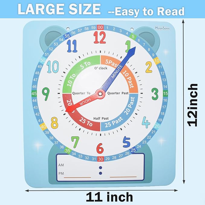 Teaching Clocks for Kids, Large Magnetic Writable Dry Erase Learning Clock with Pen,12" Teaching Demonstration Clock Learning Time to Tell Time for Kids Home School Classroom Supplies-Blue - Image 4