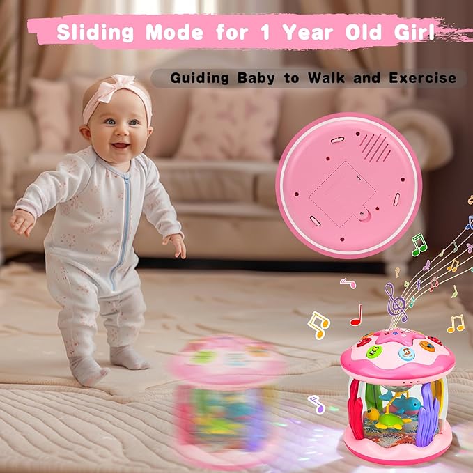 Hapyland Baby Toys 6-12 Months Girl Gifts: Babies Ocean Rotating Light Up Musical Toys for Toddlers 1 2 Year Old Crawling Learning Infant Toy 6 7 8 9 10 11 12 Months Old Baby Girl Gift (Pink)