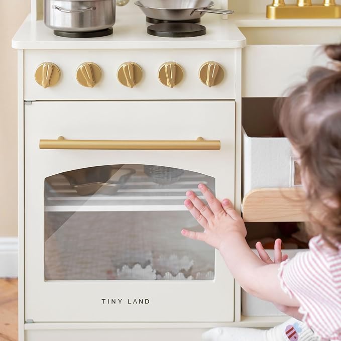Tiny Land Play Kitchen for Kids with Enhanced Storage – Modern Toddler Kitchen Playset with Stove, Sink & Accessories, Organized Wooden Toy Kitchen, Ideal for Toddlers