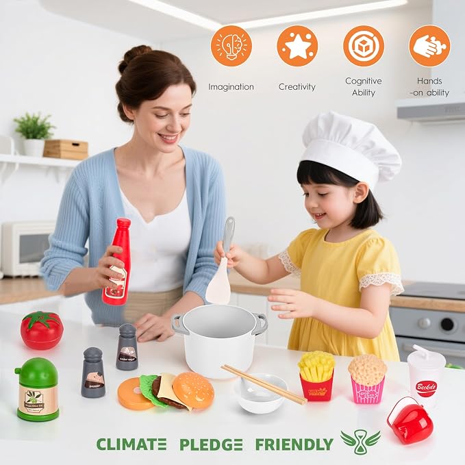 130Pcs Kitchen Playset, Toddler Pretend Cooking Play Pots, Pans, Utensils Cookware, Daily Food Fruit Veges, Shopping Storage Basket, Dessert, Prop Money, Learning Gift for Child (White) - Image 8