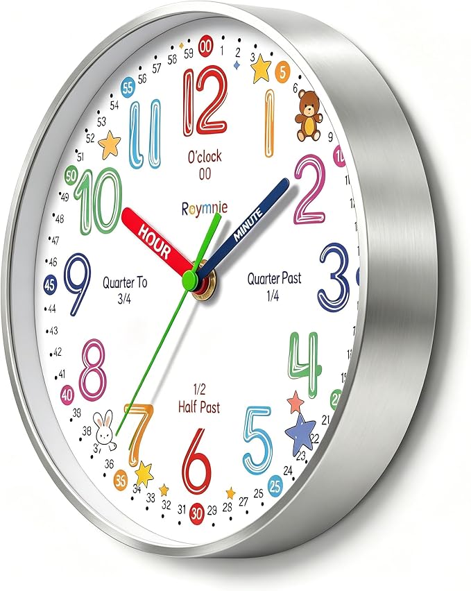 Roymnie Wall Clock Learning Non-Ticking Battery Operated Silent Colorful - Image 2