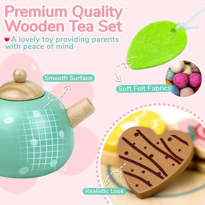 Wooden Tea Set for Little Girls Play Food Pretend Play for 3 4 5 Years Old - Image 3