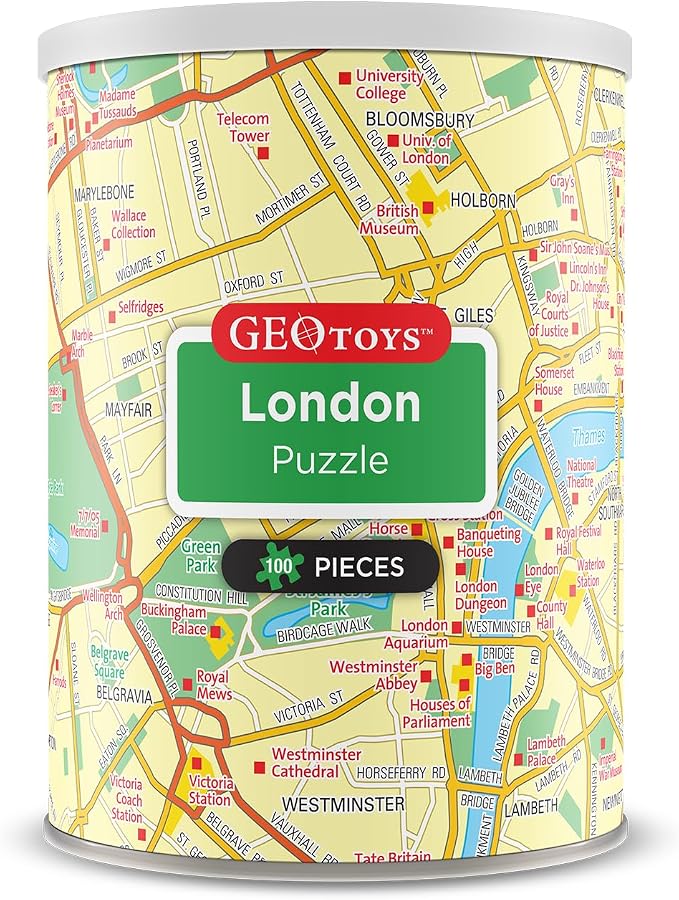 Geotoys London Mini Puzzle - 100 Piece Puzzles for Kids and Adults in Portable Can, 13" x 10" Educational Travel Puzzle for Ages 7 and Up - Mini Puzzles to Learn & Explore Geography by Geotoys