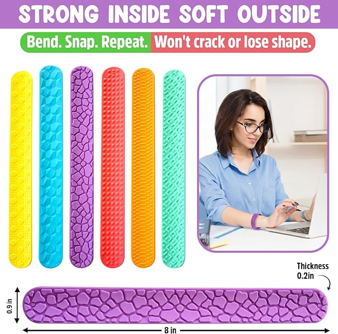 SENSORY4U Sensory Stones & Textured Slap Bracelets – 12-Pack Silicone Fidget Toys for Kids & Adults – Calming Stress Relief Set for Focus, Autism, ADHD, Classroom, Office & Travel