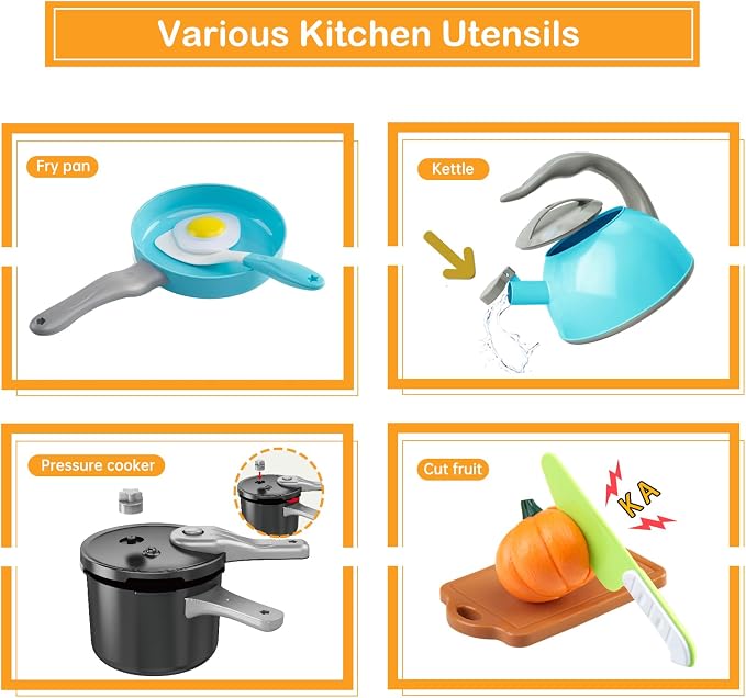 100Pcs Kitchen Playset, Kids Pretend Cooking Play Pots, Pans, Utensils, Cookware, Toy Food Fruits Veggies, with 2 Large Apple - Shaped Storage, Toddler Cooking Learning Gift (Turquoise) - Image 4