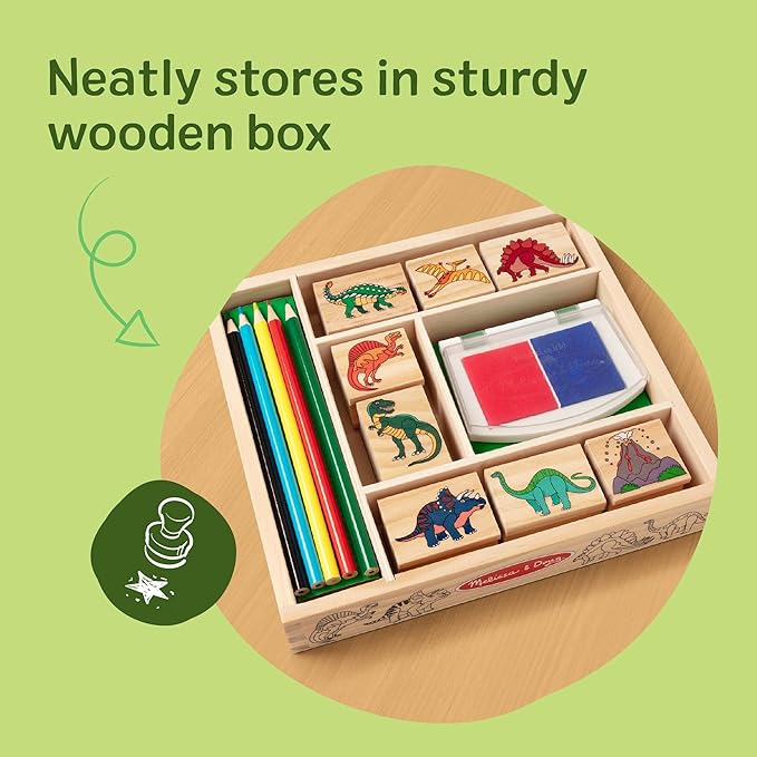 Melissa & Doug Wooden Stamp Set: Dinosaurs - 8 Stamps, 5 Colored Pencils, 2-Color Stamp Pad - FSC Certified - Image 5