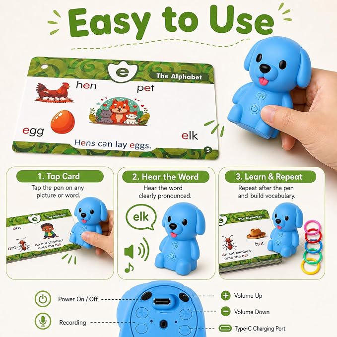 Dinosaur Interactive Reading Pen, Talking Flash Cards Learning Phonics with 73 Cards, Rechargeable, Volume Adjustable (Dog) - Image 6