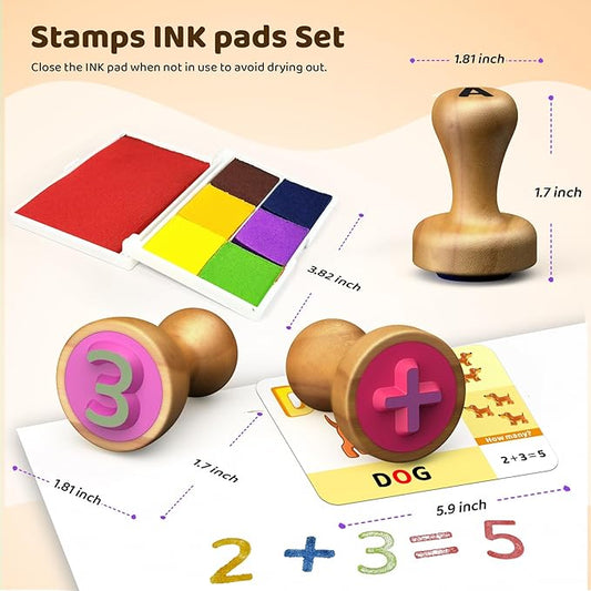 ‌Wooden Alphabet & Number Stampers Set with 7-Color Ink Pad | ABCs 123s Learning Stamps & Flashcards | Preschool Homeschool Classroom Supplies Gift for Ages 3+