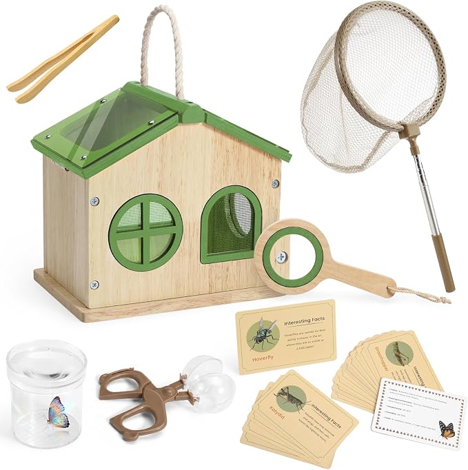 SainSmart Jr. Bug Catcher for Kids - Wooden Bug Habitat with Magnified Viewer, Butterfly Net, Observation Box, Tweezers & 15 Cards, Outdoor Toys & STEM Toys for Boys & Girls Ages 3+, Green by SainSmartJr