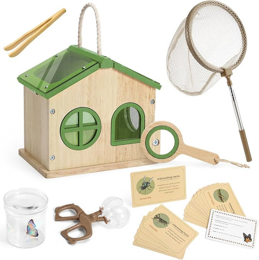 SainSmart Jr. Bug Catcher for Kids - Wooden Bug Habitat with Magnified Viewer, Butterfly Net, Observation Box, Tweezers & 15 Cards, Outdoor Toys & STEM Toys for Boys & Girls Ages 3+, Green by SainSmartJr
