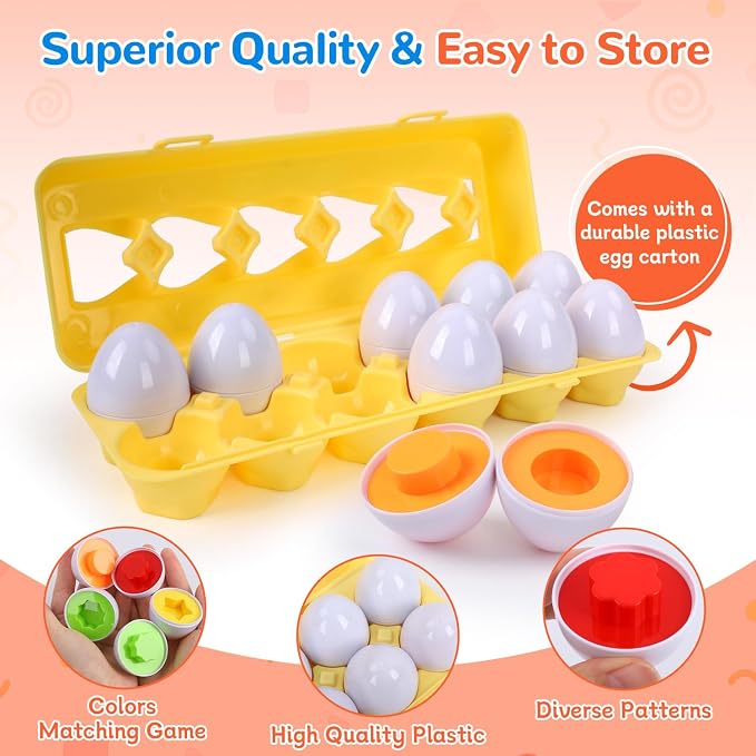 USATDD Matching Eggs for Toddlers Montessori Geometric Eggs Color & Shape Recognition Toy, Fine Motor Skills Shape Sorter Puzzle, Easter Eggs Toys Gifts for Kids, Easter Basket Stuffers - Image 5