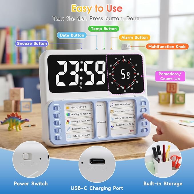 7-in-1 Visual ADHD Timer for Kids with Chore Chart Board, ADHD Tools Schedule for Kids with Autism, Alarm, Countdown, Date, Temperature, Storage, Daily Checklist for Home/School/Classroom/Desk(Blue) - Image 6