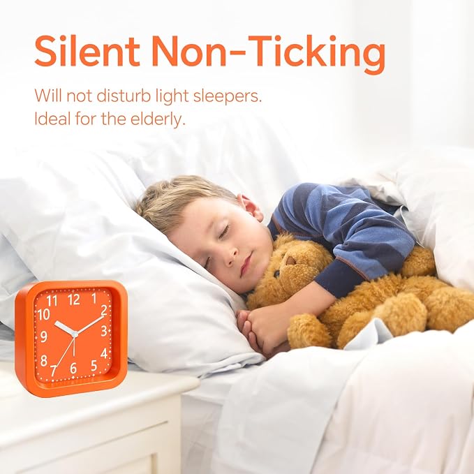 Analog Loud Alarm Clock for Heavy Sleepers, 4.5" Simple Battery Operated Alarm Clock with Modern Round Design, Silent Non-Ticking Small Bedside Clock for Bedroom Teens Seniors, College,Orange - Image 2