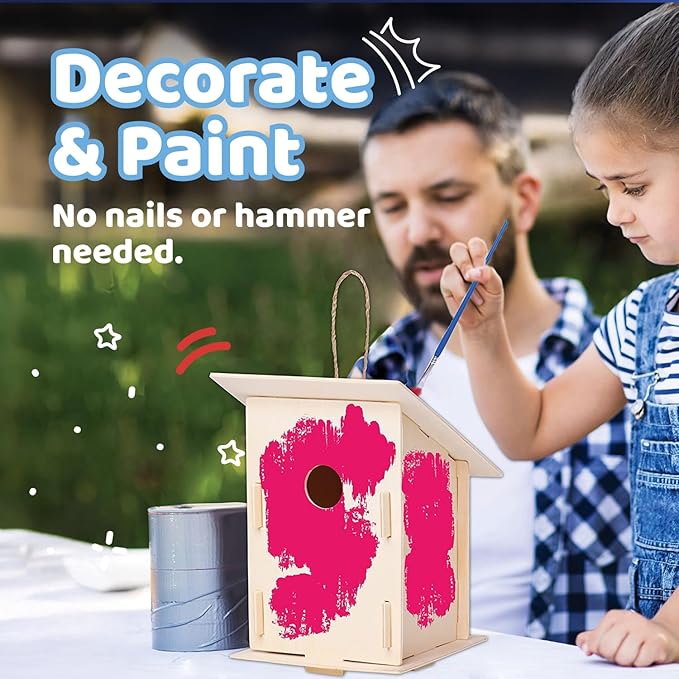 Neliblu DIY 12 Wooden Bird House Kits - Creative Arts and Crafts Set for Kids and Adults - Unfinished Wood Birdhouses with Paint Strips, Brushes, Stickers and Strings - 3 Unique Shapes, 2 Sizes