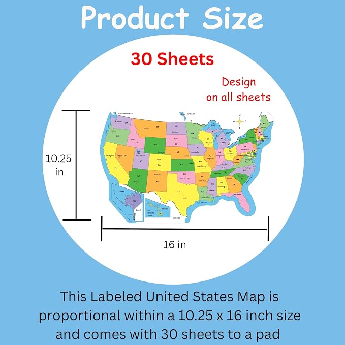 SHAPES ETC. 10.25" x 16" U.S. Practice Maps Pad, Labeled, 30 Sheets - Image 2
